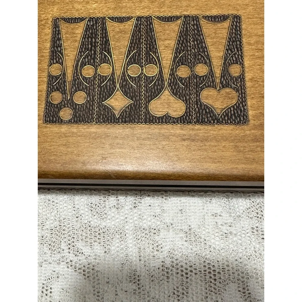Vintage Wooden Keepsake Box Carved Playing Card Suits Organizer Hinged‎ Lid